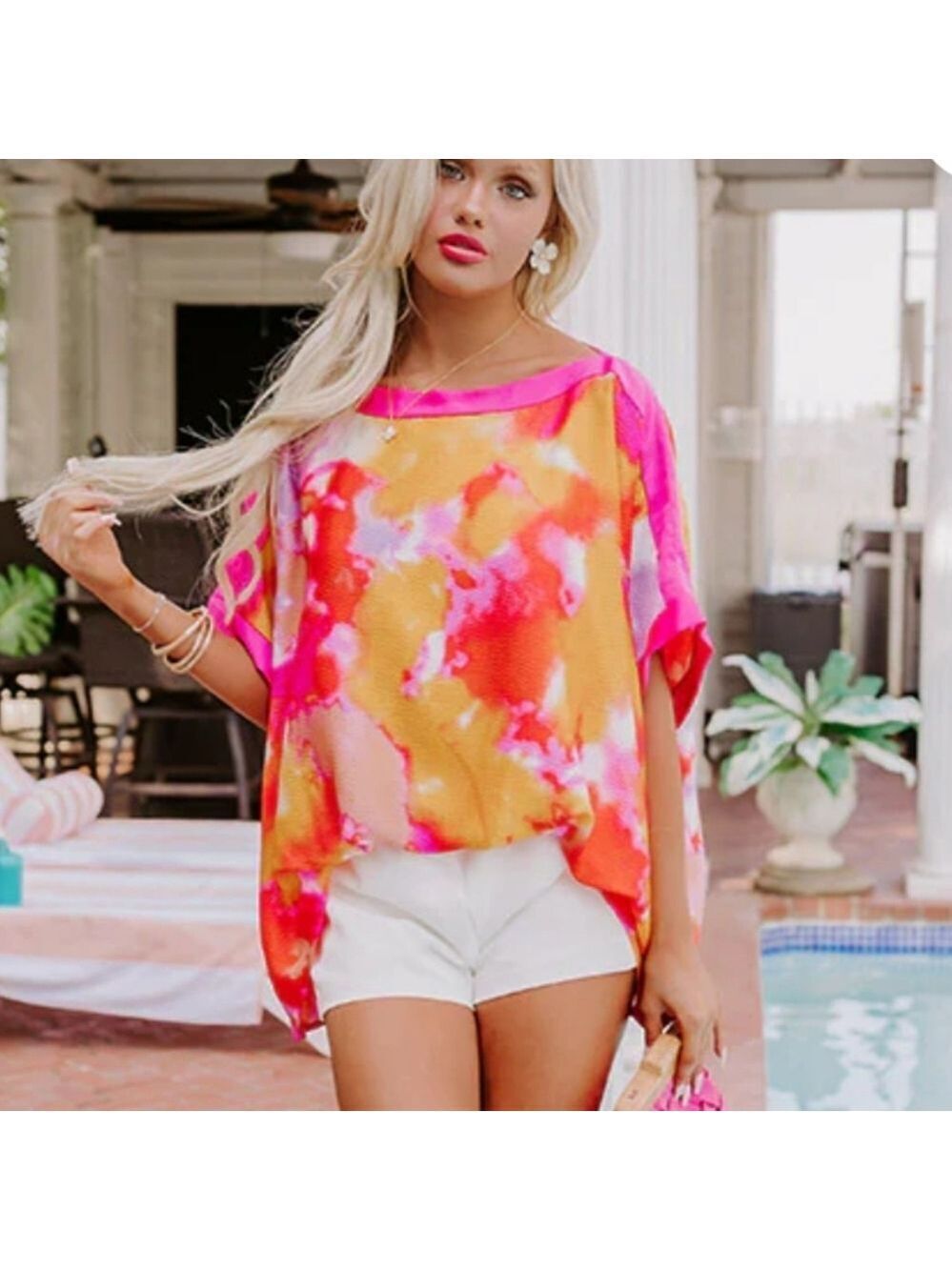 COLORFUL OVERSIZED WATERCOLOR PRINT BOHO FAUX TUCK RESORT FLOWY CAFTAN TOP OS